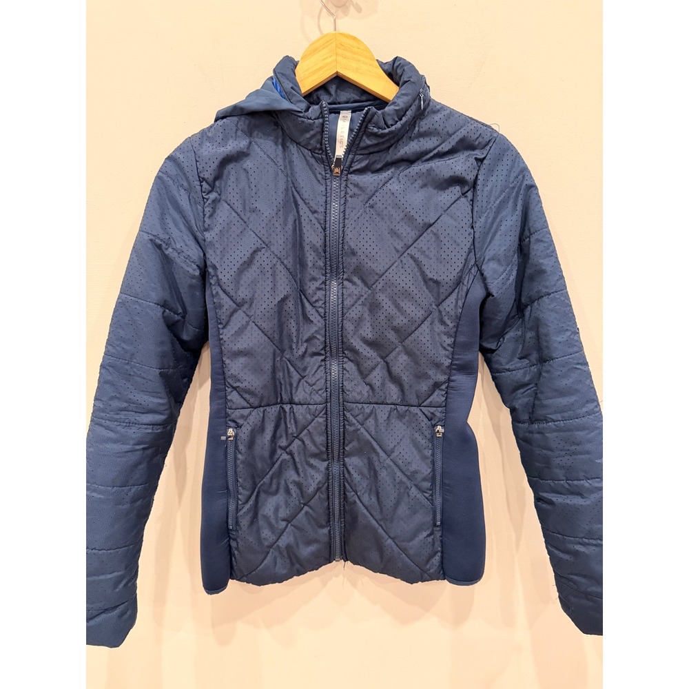 Fabletics Women Perforated Hooded Quilted Jacket Navy Blue XS Athletic‎ Fitness